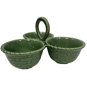 Jay Willfred Green Ceramic Basket Weave 3-Compartment Condiment or Chip Dip